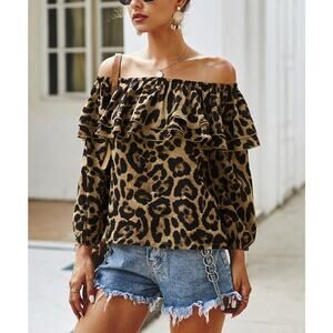 Gaovot Leopard blouse Double-Ruffle Off-Shoulder Top Black/Tan Large new casual